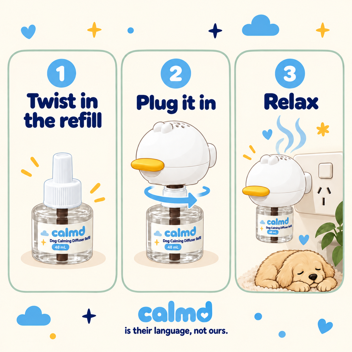 How to use calmd Dog Calming Diffuser Refill: twist in the refill, plug it in, relax