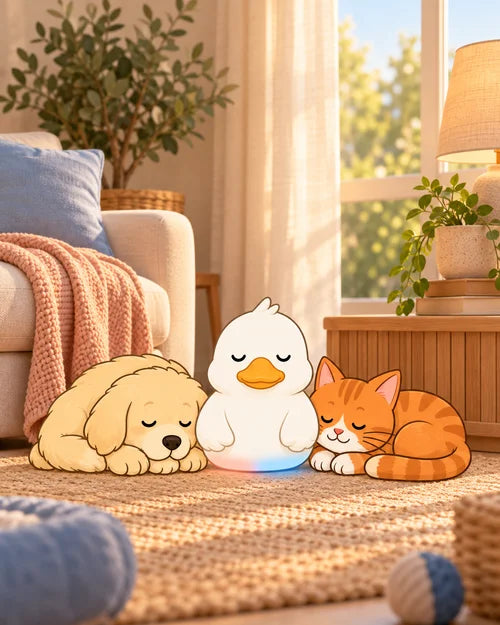 A sleepy puppy and cat relaxing next to a Calmd calming diffuser
